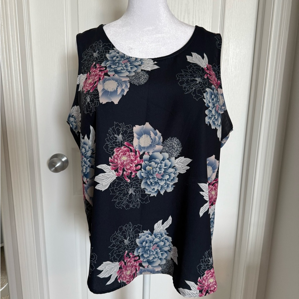 cleo Navy Floral Sleeveless Tank with Pink & Blue Blooms